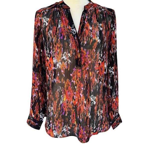 Peyton Jensen Women's Multicolor Semi-Sheer Blouse Sz XS Long Sleeve Henley Top. - Picture 1 of 16